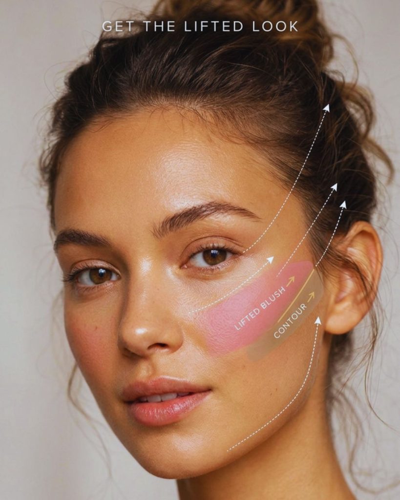 Face diagram showing upward diagonal makeup placement lines for contour and blush to create a lifted appearance.