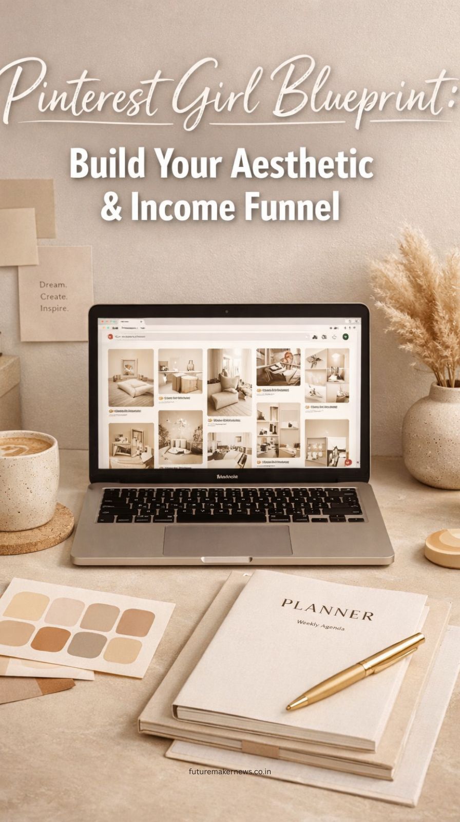 Aesthetic workspace setup representing Pinterest branding strategy and income funnel for creators.