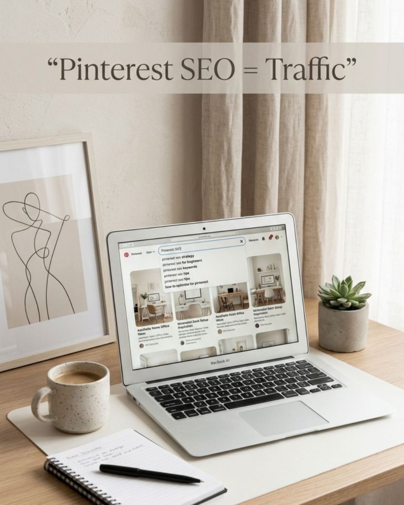 Pinterest search and SEO strategy setup showing keyword research and optimized pin descriptions.