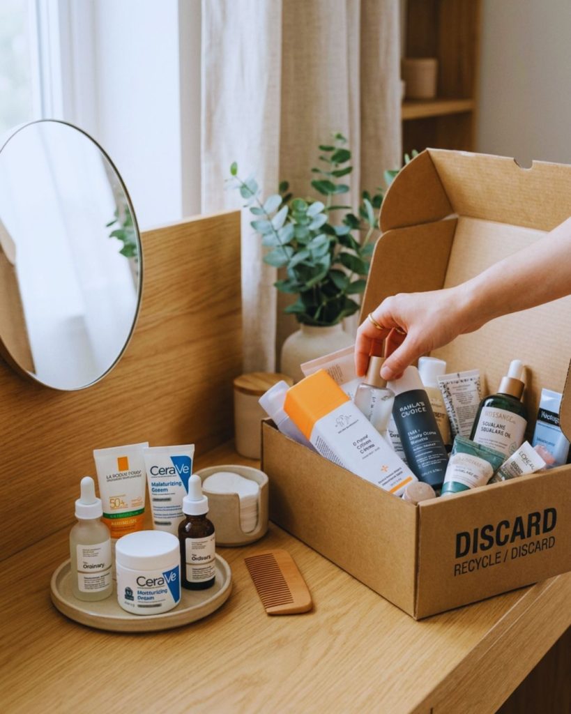 Minimal skincare routine with decluttered products and removal of expired and unnecessary items from vanity.