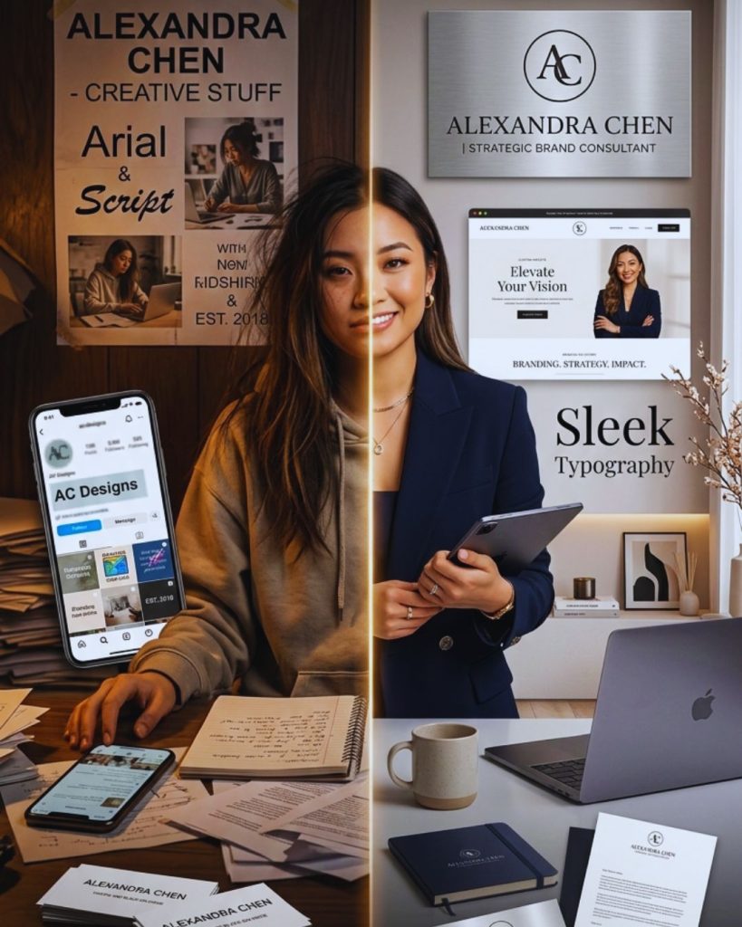 Before-and-after professional brand transformation representing increased revenue from rebranding.