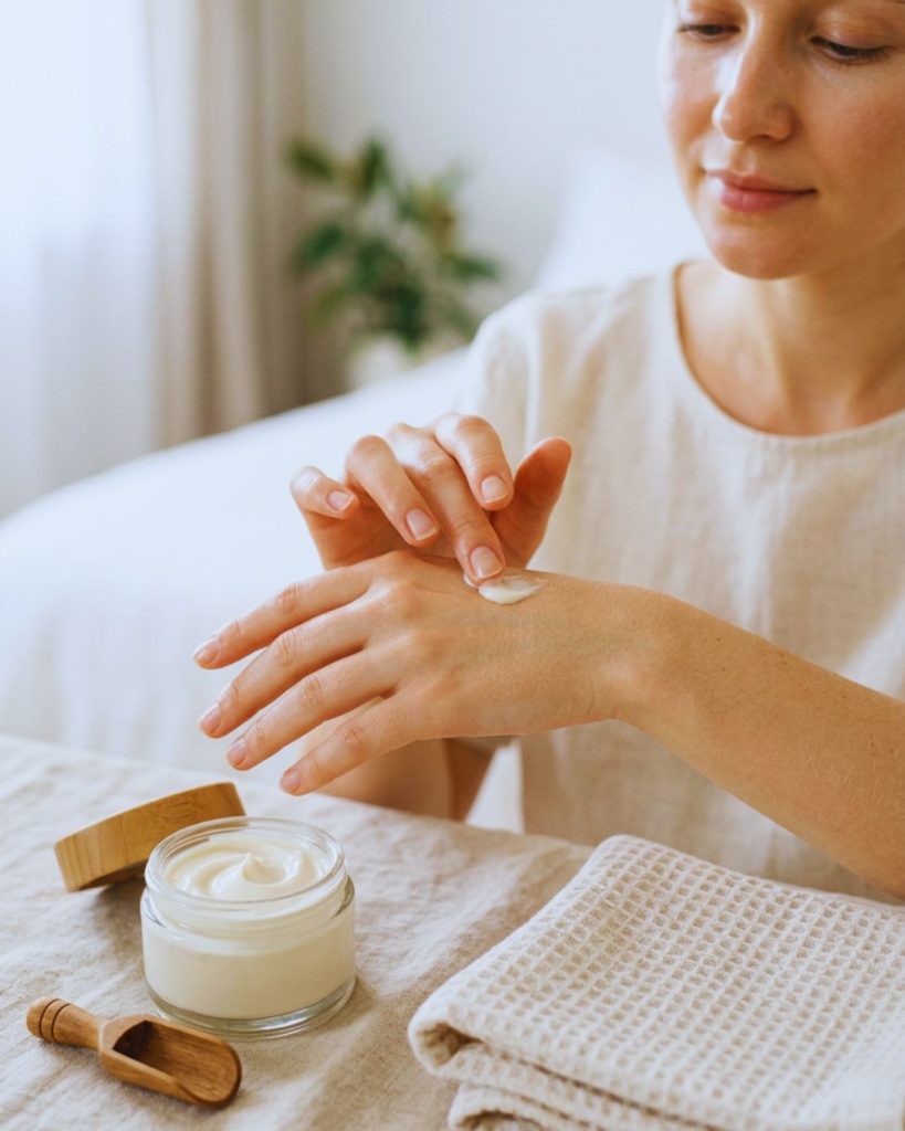 Moisturizer cream being applied on skin with a minimal skincare setup for hydration and glowing skin.