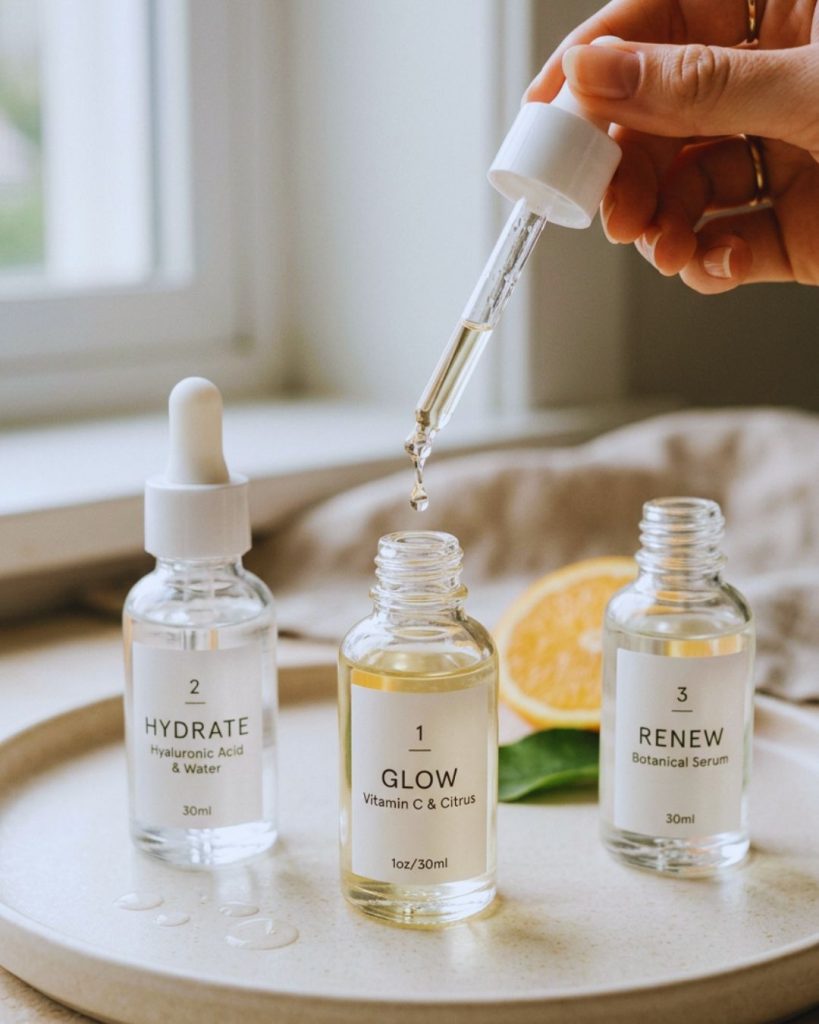 Minimalist skincare serums including vitamin C, retinol, and hyaluronic acid on a clean background.
