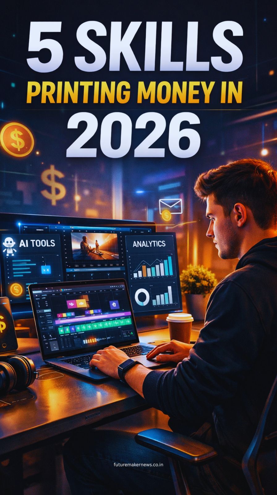 Futuristic workspace showing digital skills like AI tools and video editing generating online income in 2026.