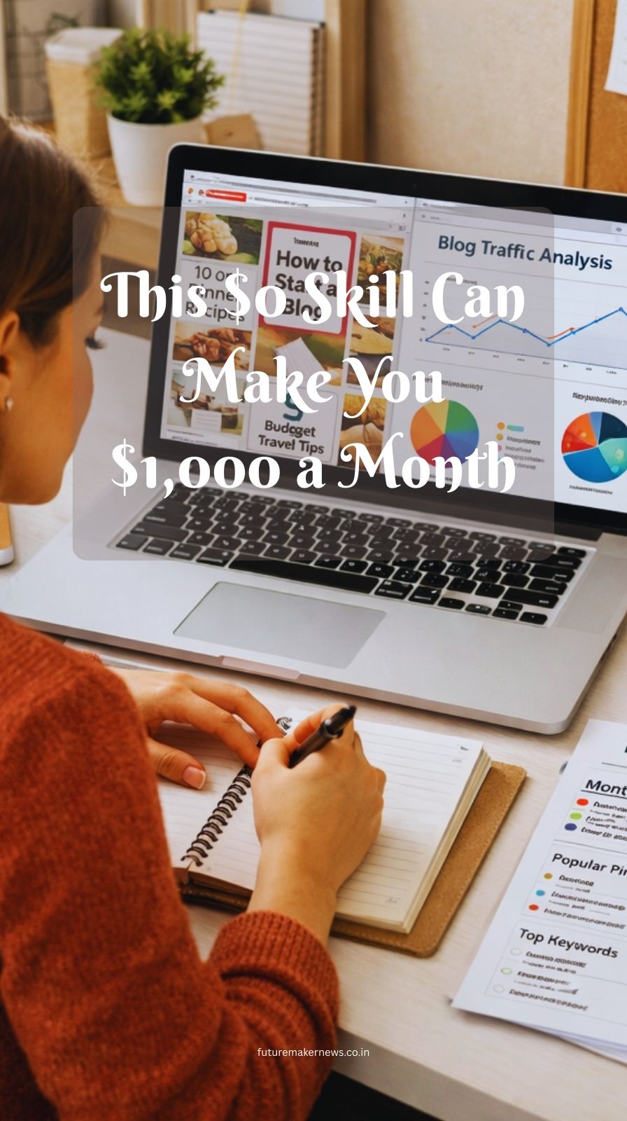 Content creator planning Pinterest SEO strategy and blog traffic growth using laptop and notes.