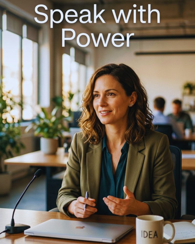 Confident speaker using calm tone and clear communication in a professional setting.