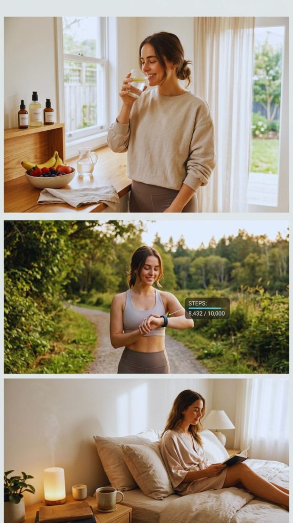 Woman following a healthy routine with hydration, walking, and skincare representing week one detox and glow up plan.