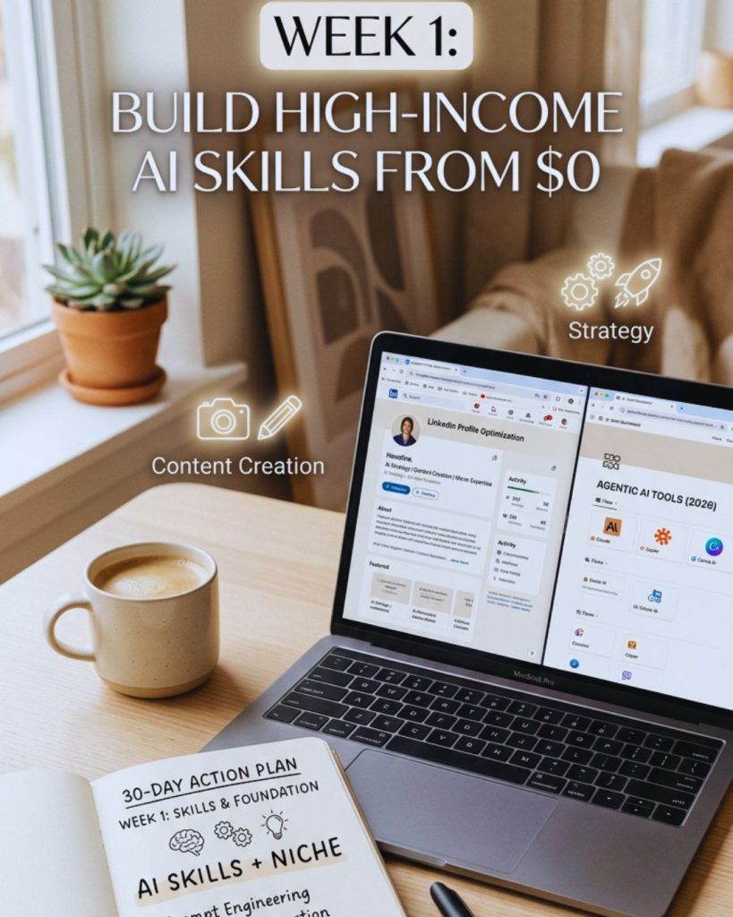 Laptop displaying LinkedIn profile and AI tools with notes on niche selection, representing building high-income skills in week 1 of making money online.