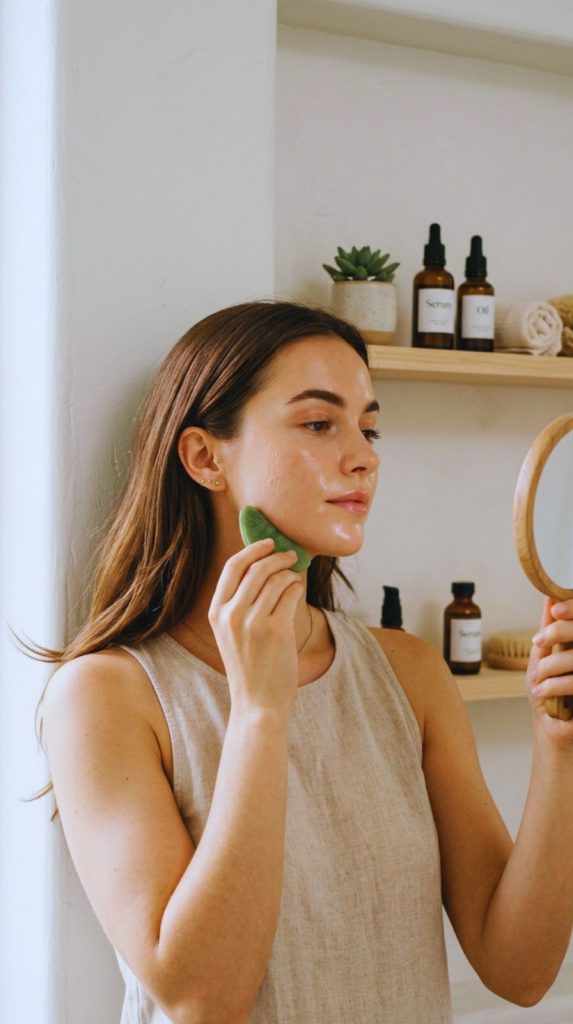 Woman applying skincare and using gua sha while maintaining good posture as part of a glow up transformation routine.