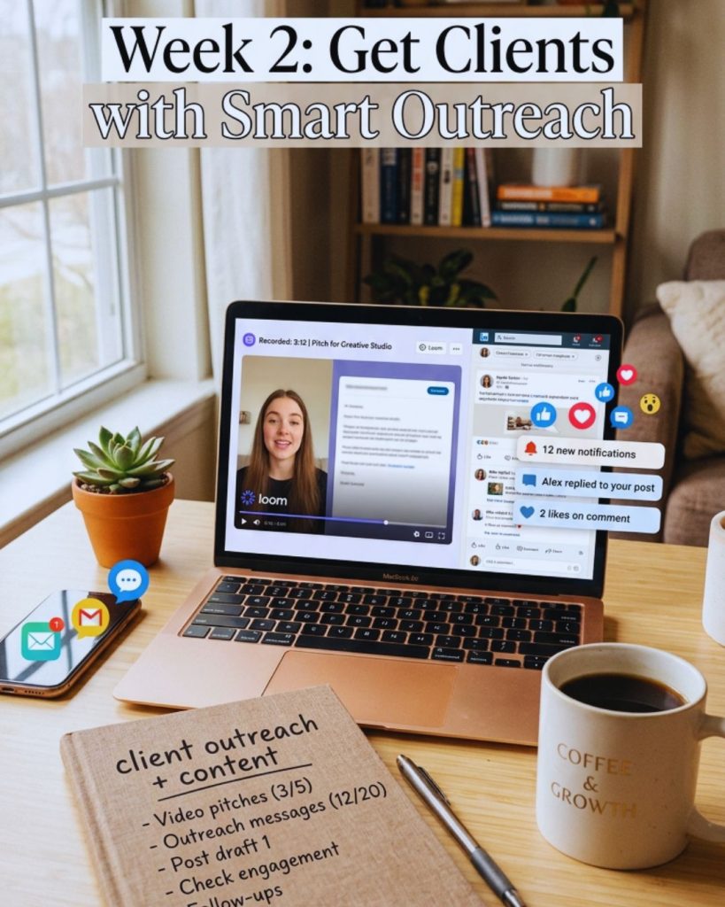 Laptop displaying video outreach and social media engagement, representing getting clients through personalized outreach and content strategy.