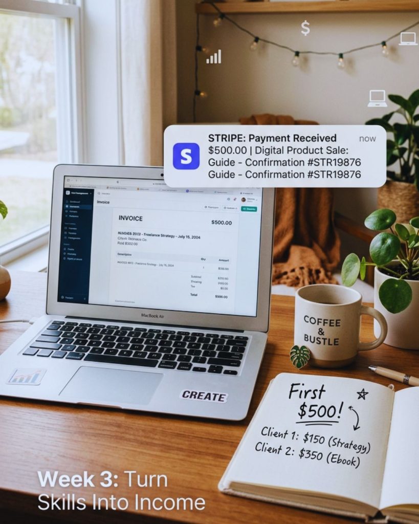 Laptop displaying payment confirmation and digital invoice, representing earning first money online and monetizing services.