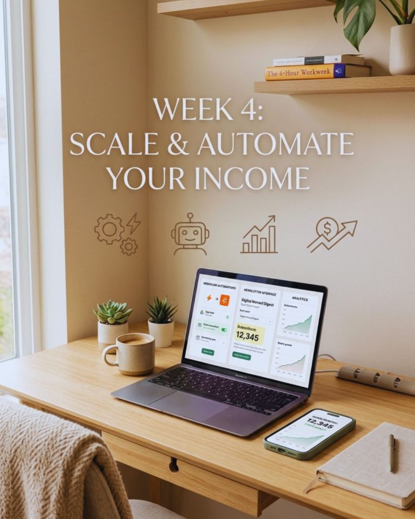 Laptop displaying automation tools and newsletter growth, representing scaling income through AI automation and audience building.