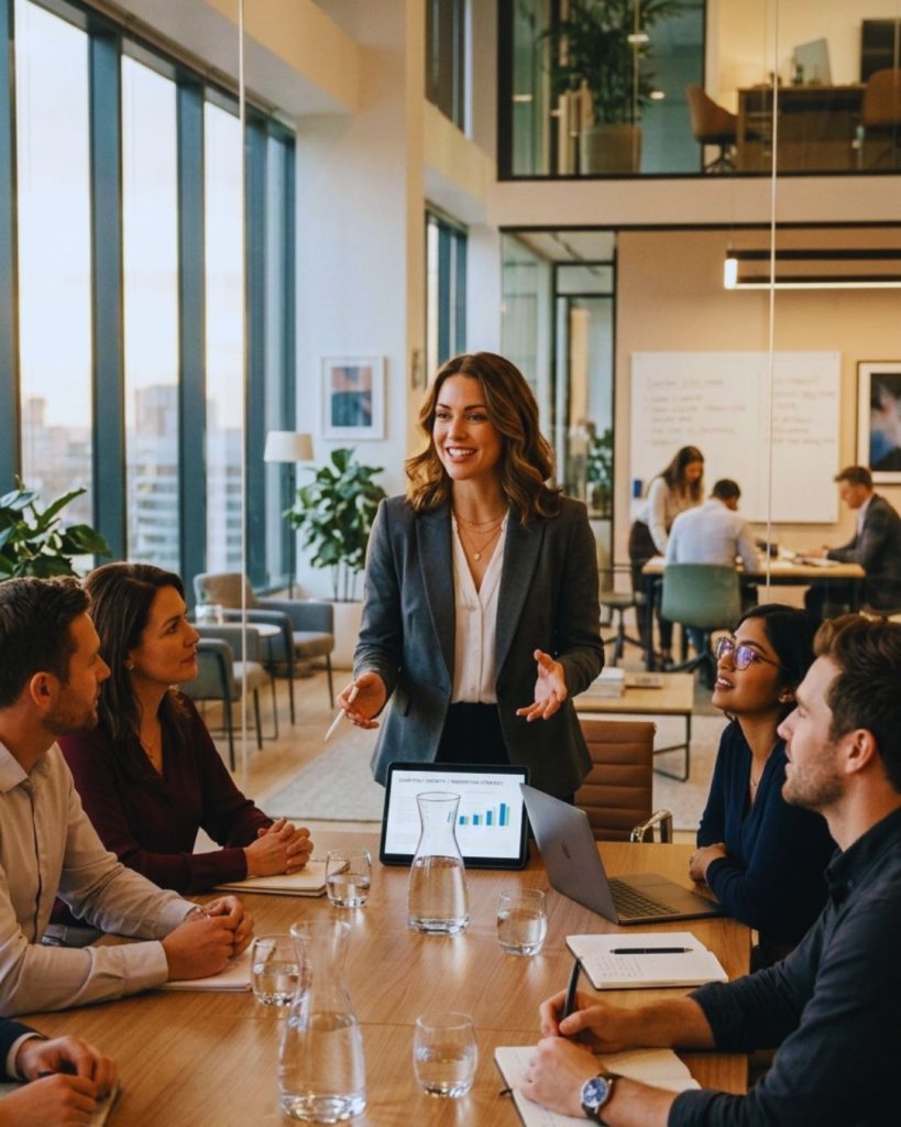 Professional leading meeting confidently while colleagues listen, illustrating beauty bias in leadership.
