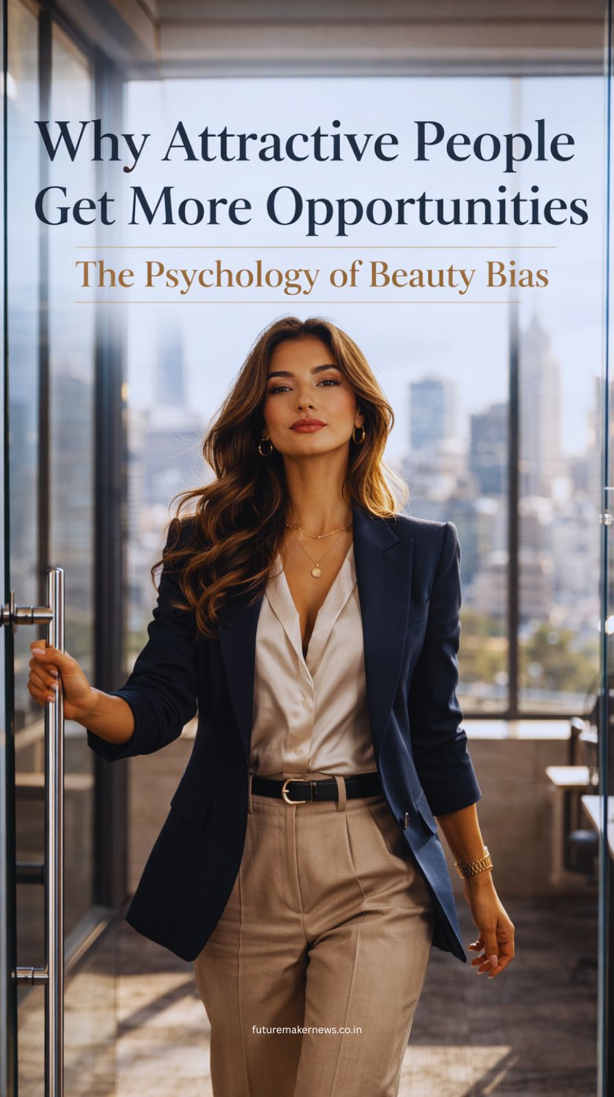 Confident professional woman in boardroom facing skeptical colleagues, illustrating credibility bias linked to attractiveness.