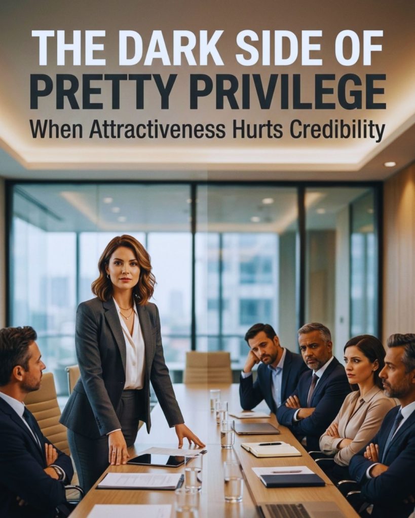 Confident professional woman in boardroom facing skeptical colleagues, illustrating credibility bias linked to attractiveness.