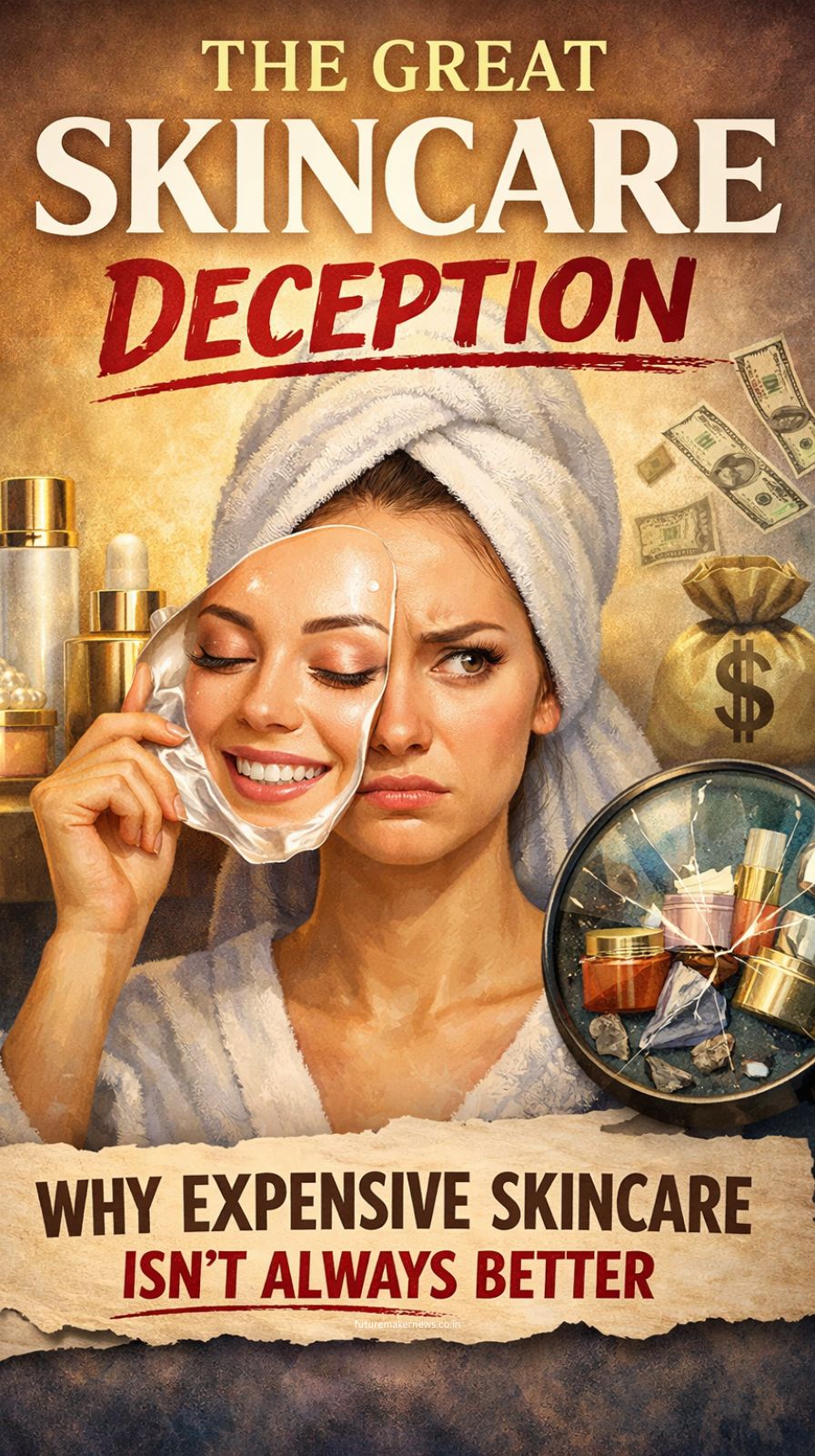 Comparison of luxury and affordable skincare products showing that effective skincare is not based on price.