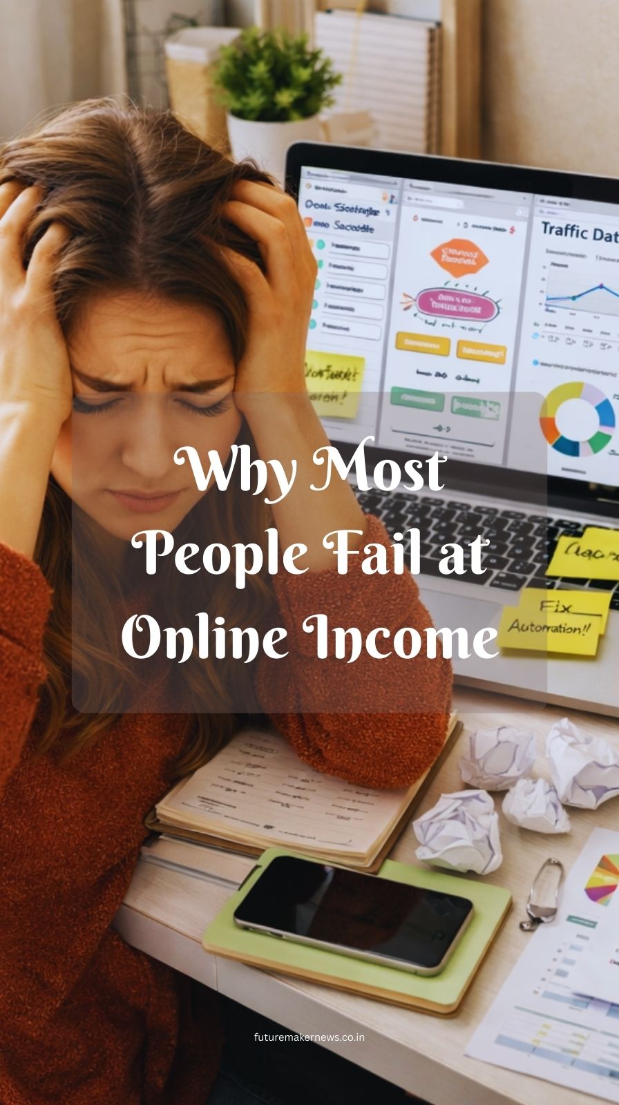 Entrepreneur overwhelmed while trying to grow an online business and manage content, traffic, and automation systems.