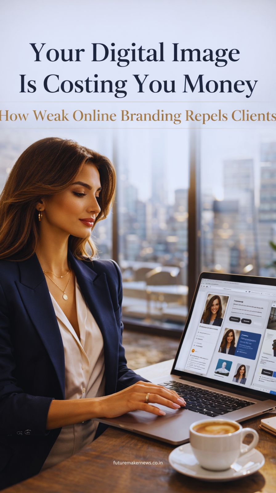 Professional working on laptop with polished digital profiles representing strong online branding and personal brand authority.