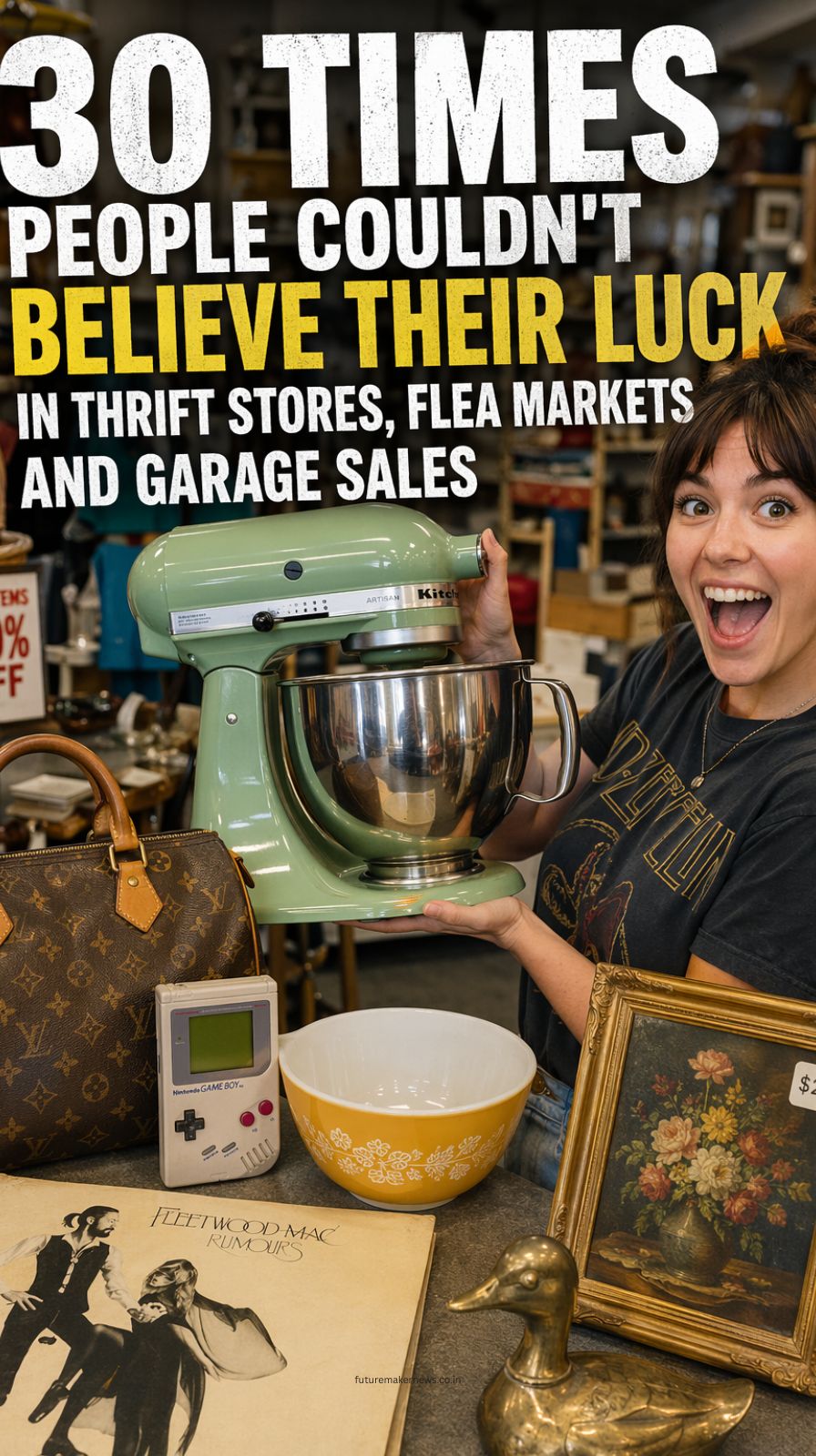 collage of thrift store finds including vintage jewelry, designer bags, retro toys, and mid century furniture discovered at flea markets and garage sales