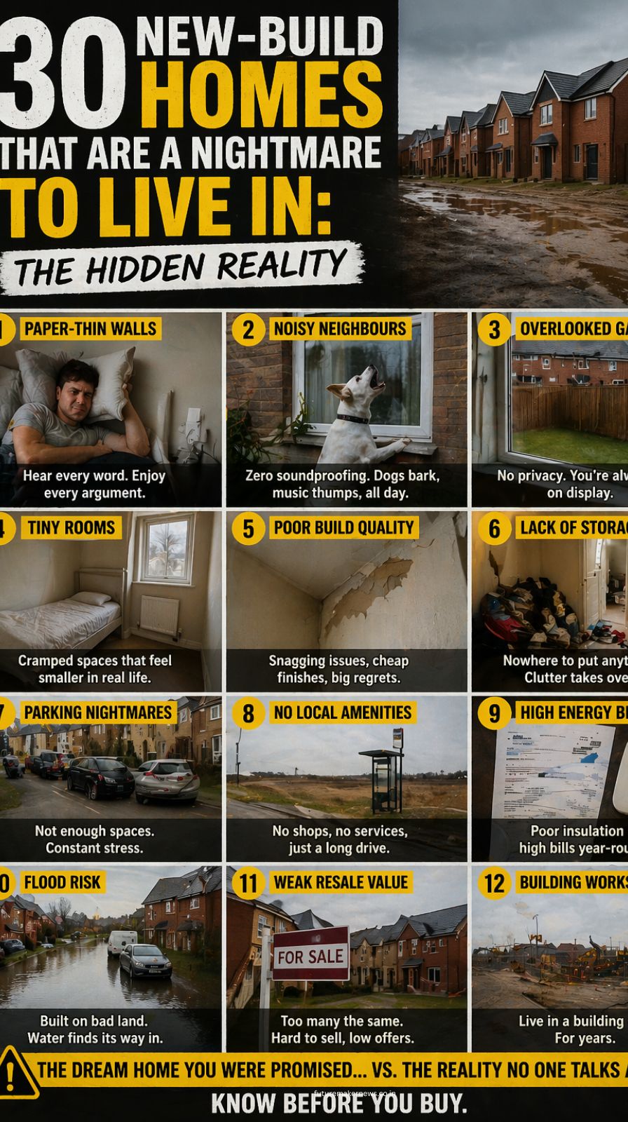 Interior of a new construction home showing cracked walls, leaking ceiling, and visible building defects representing poor construction quality.