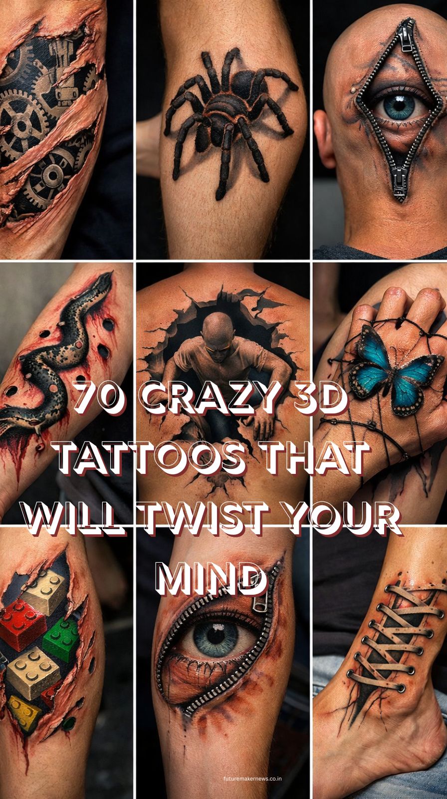 Close-up of a realistic 3D tattoo showing a ripped skin biomechanical design with metallic gears and a lifelike butterfly illusion on human skin.