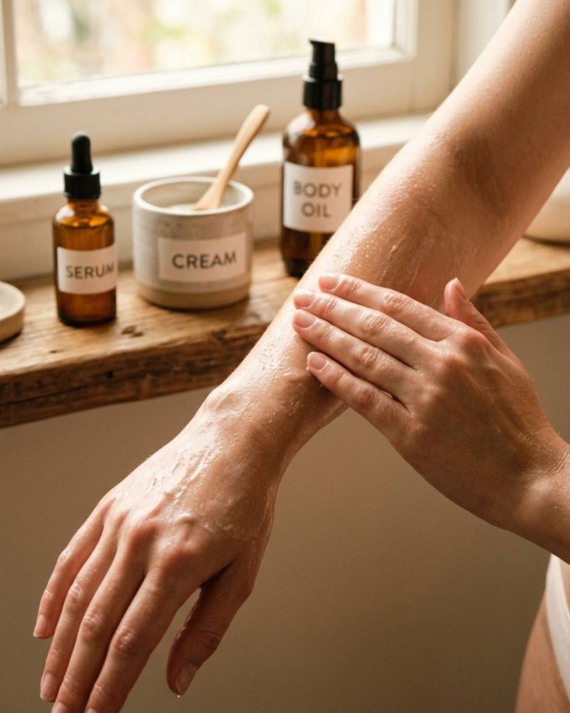 Applying lotion and body oil on damp skin for hydration and glowing effect