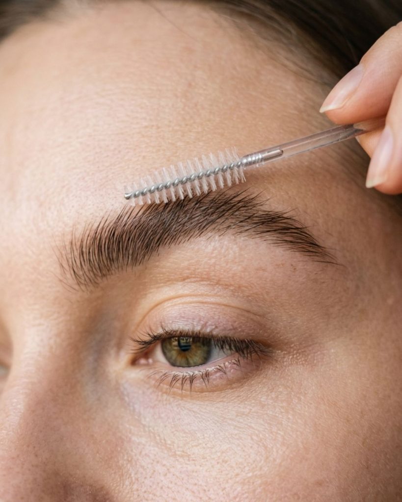 Natural eyebrows being brushed upward for a clean and fresh look
