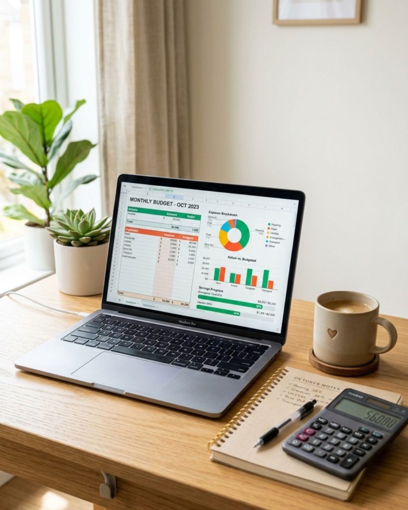 Laptop showing a budgeting spreadsheet with charts and expense tracking tools for financial planning