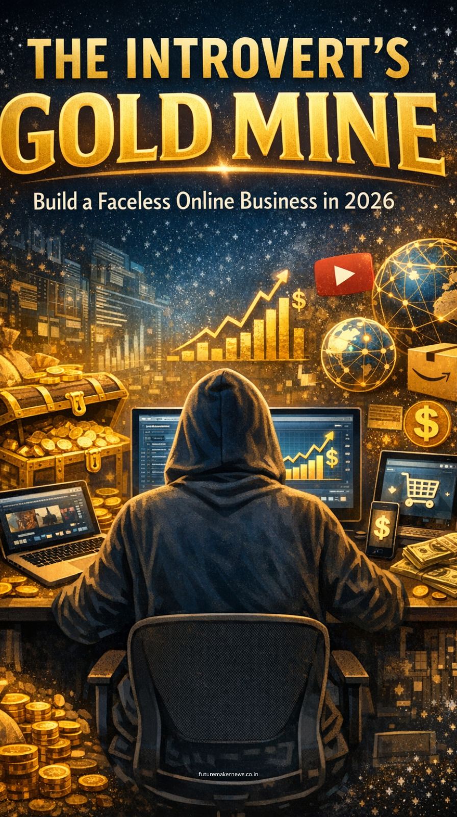 Laptop showing faceless online business setup with automated systems and digital income streams for introverts
