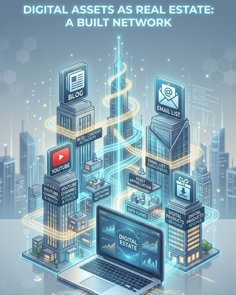 Laptop surrounded by blog, YouTube, email, and digital product icons representing long-term traffic assets and passive income