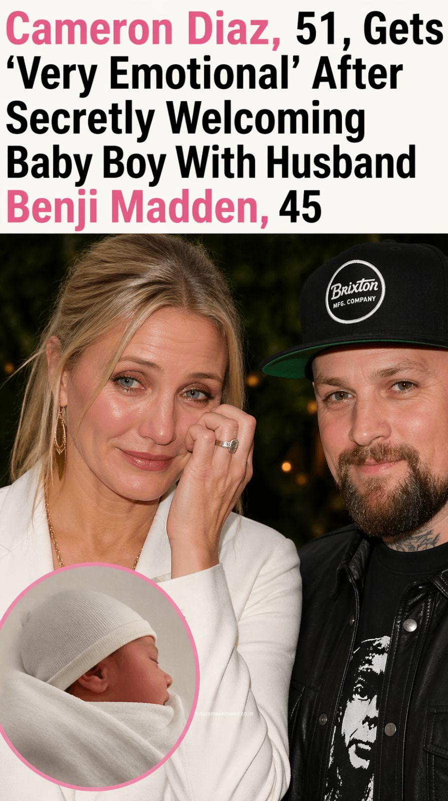 Cameron Diaz and Benji Madden with newborn baby in a warm home setting symbolizing emotional motherhood journey and family life
