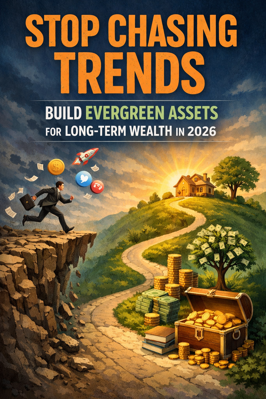 Digital business concept showing evergreen assets and long-term income growth instead of short-lived trends