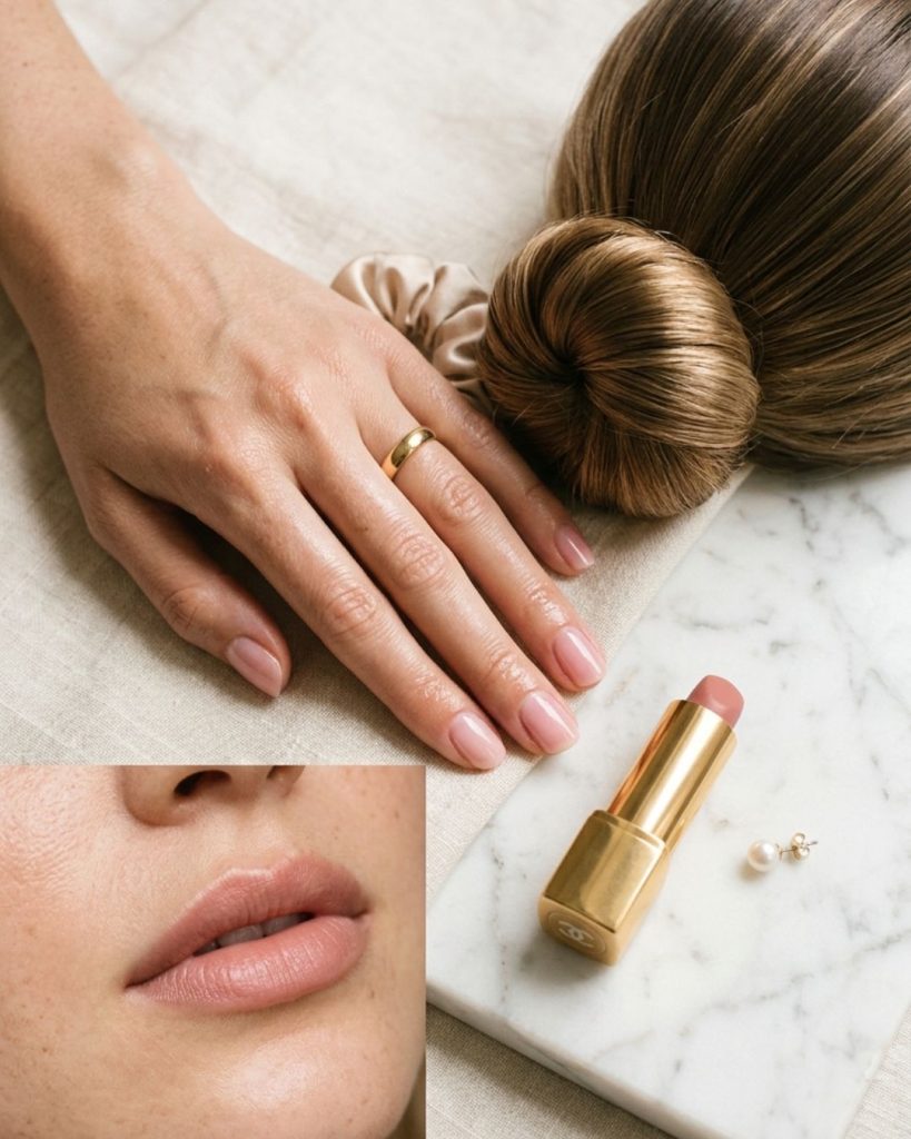 Minimal beauty details including nude lips, natural nails, and sleek hairstyle