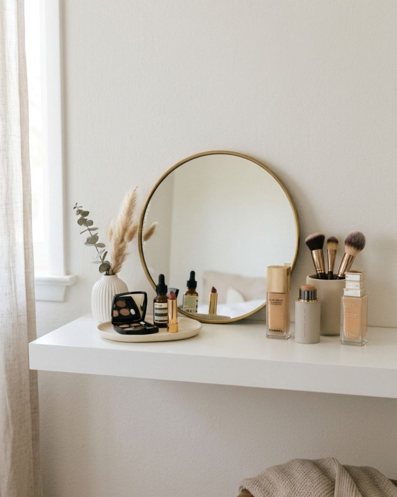 Minimalist vanity with luxury makeup products showing curated beauty routine
