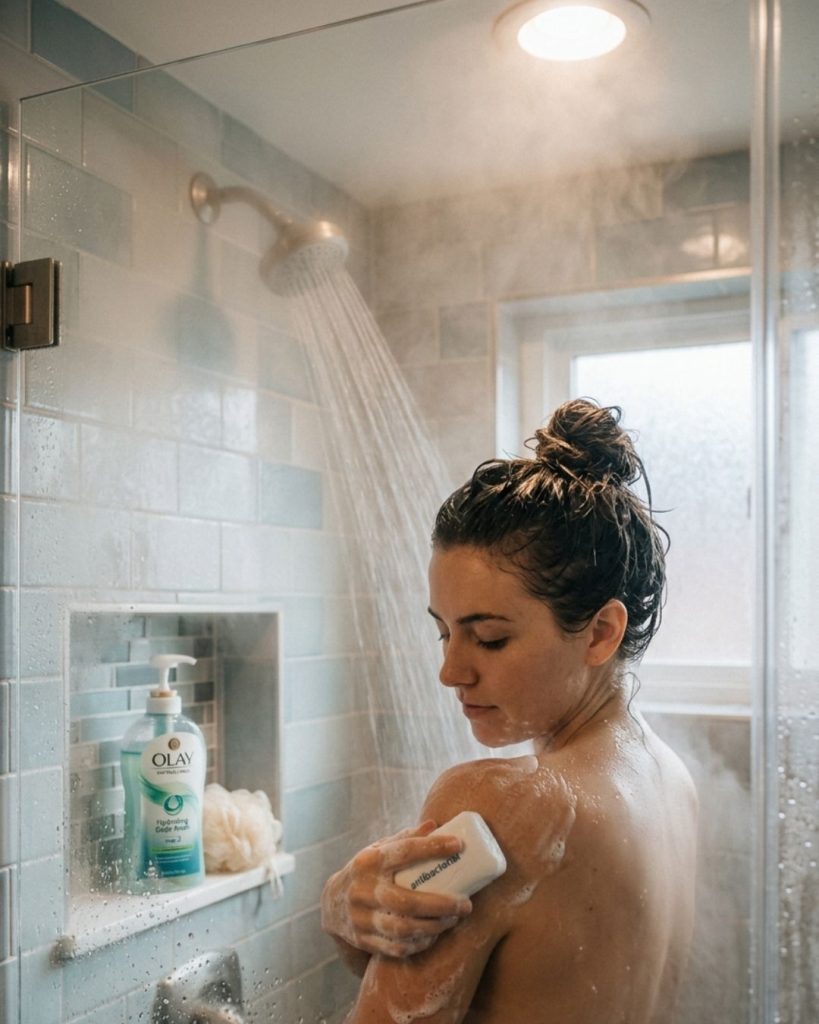 Two-step body cleansing routine with antibacterial soap and hydrating body wash in a steamy shower