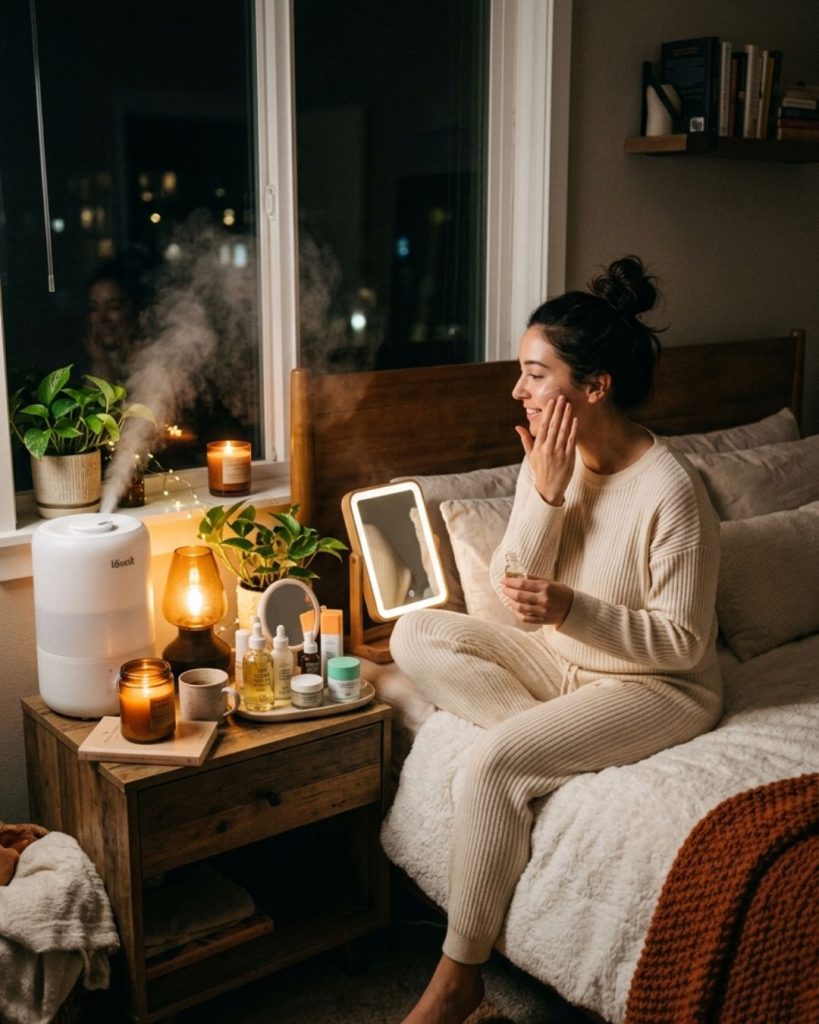 Humidifier in bedroom improving skin hydration while sleeping