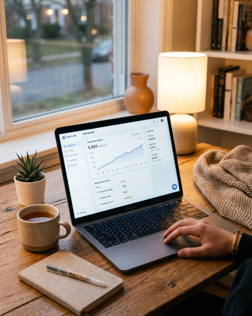Email marketing dashboard showing subscriber growth and content strategy