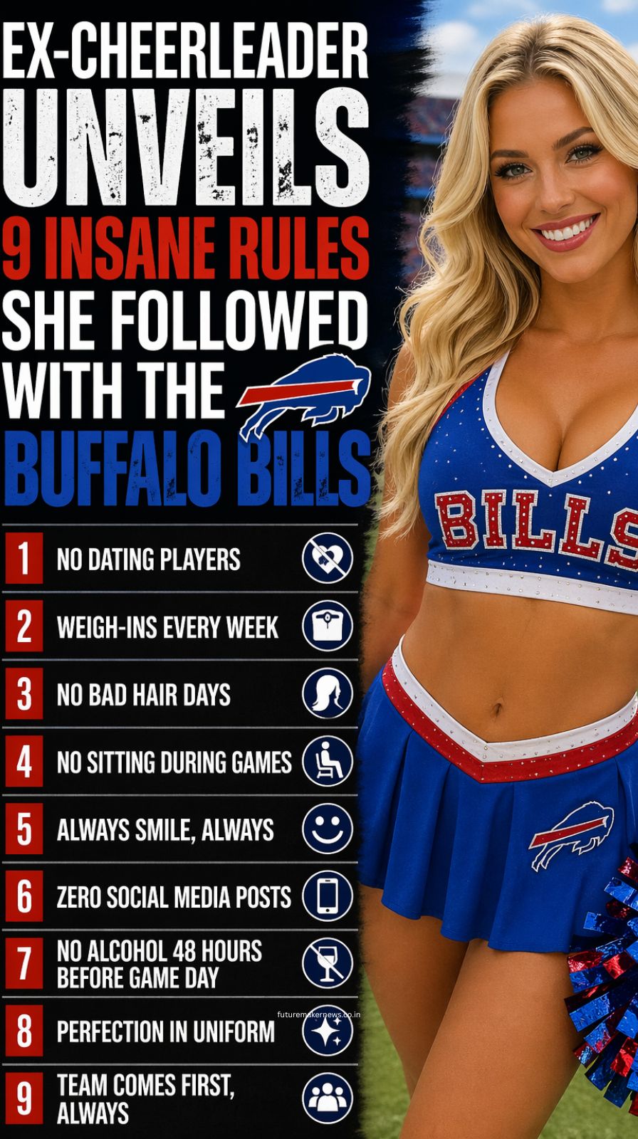 Buffalo Bills cheerleader standing under stadium lights symbolizing strict rules and controversy surrounding the Buffalo Jills