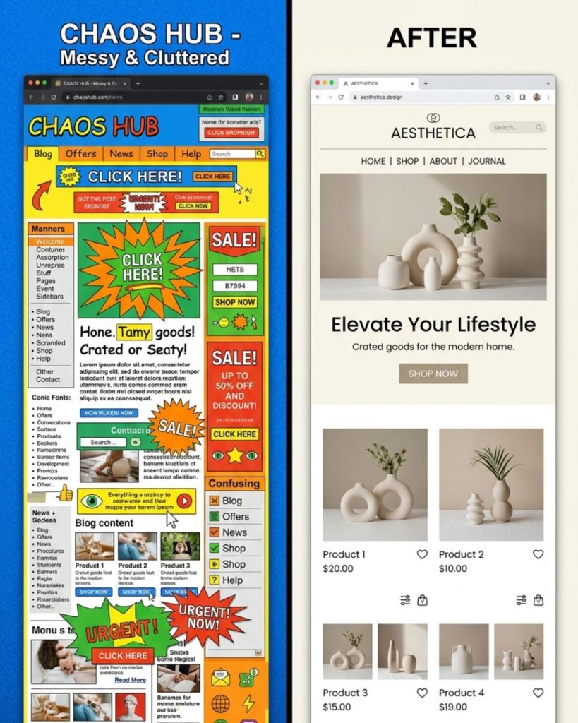 Comparison between cluttered and aesthetic website showing impact of first impressions on user trust