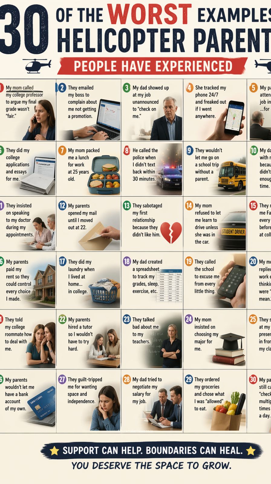 Conceptual image showing a parent hovering over a young adult working, representing extreme helicopter parenting and lack of independence.