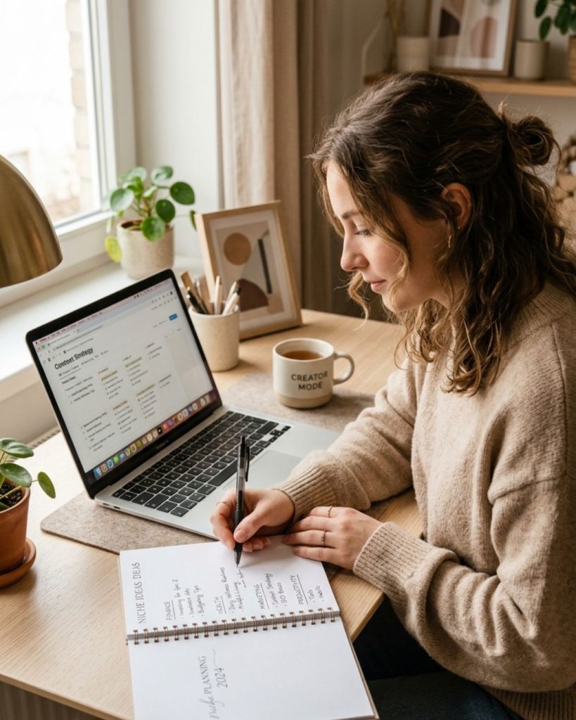 Content creator researching profitable niches like finance, health, and digital marketing