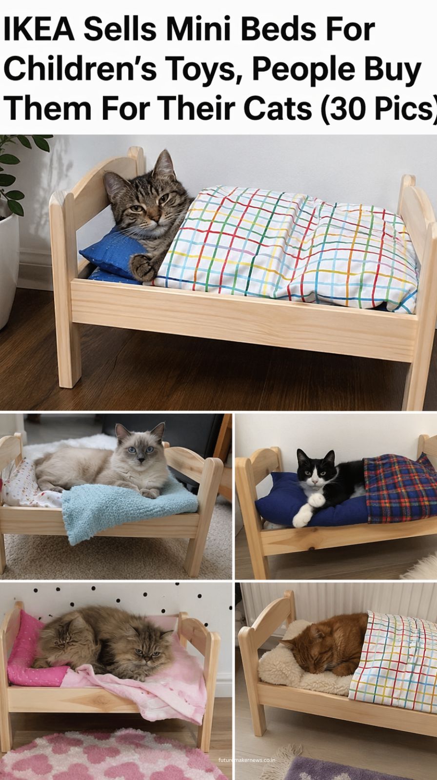 Fluffy cat sleeping in IKEA DUKTIG doll bed with soft bedding in a cozy minimalist home setting