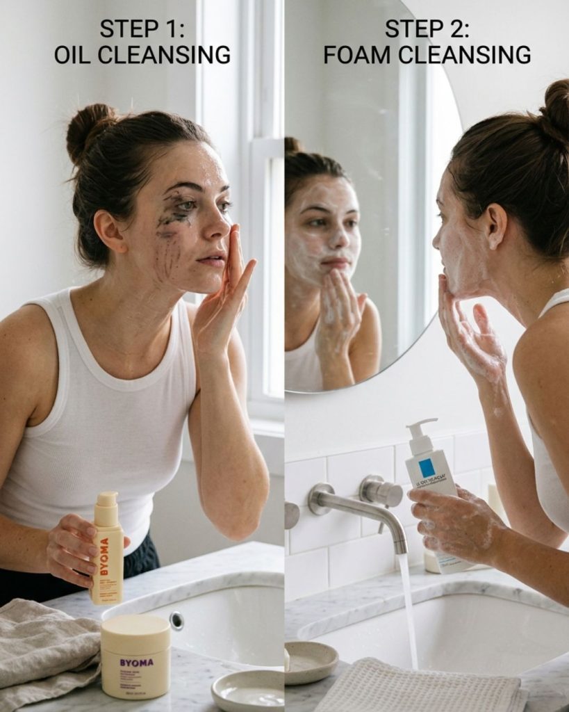 Double cleansing routine removing makeup and impurities from skin