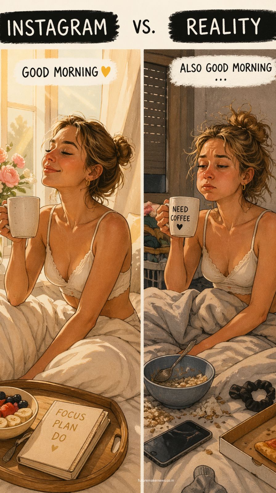 Split-screen image comparing a polished Instagram-style photo with a messy real-life version to illustrate the difference between social media and reality.