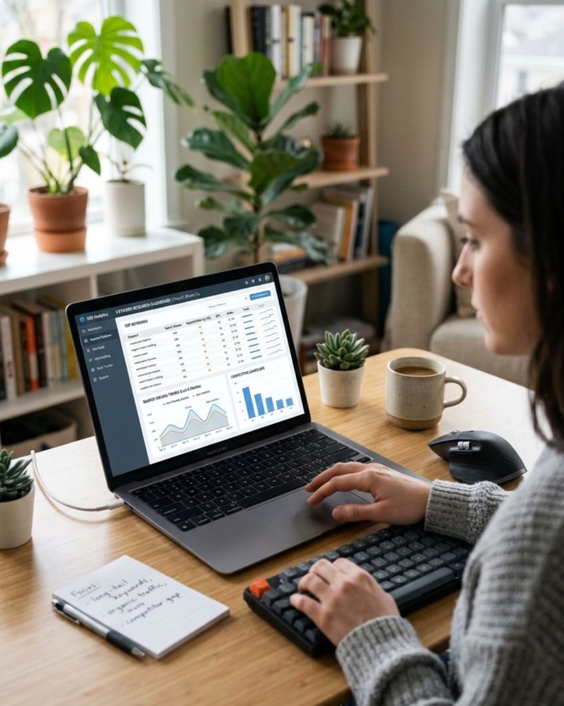 Keyword research tools showing search terms and SEO analytics on a laptop