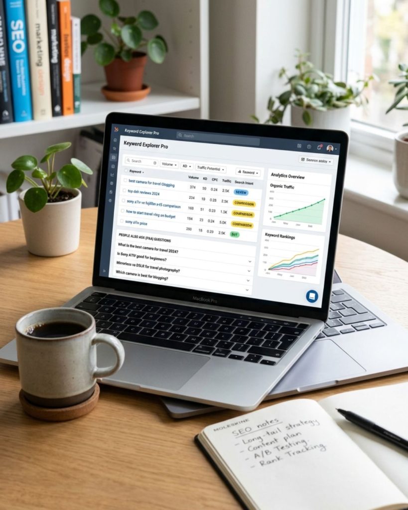 Laptop showing keyword research with long-tail and high-intent search queries for SEO traffic and conversions