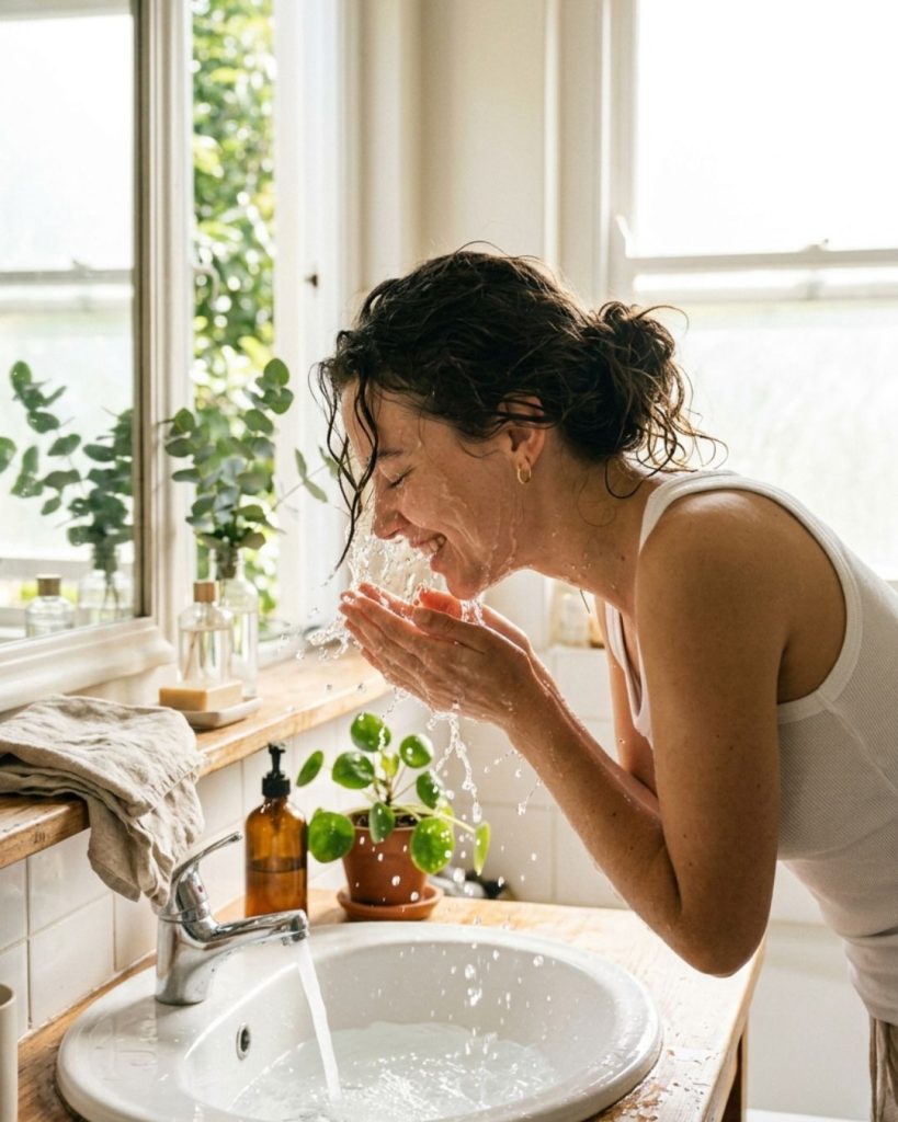 Woman refreshing her face with water in a morning skincare routine