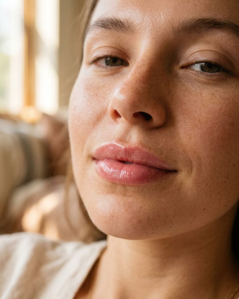 Close-up of naturally tinted healthy lips with hydration shine