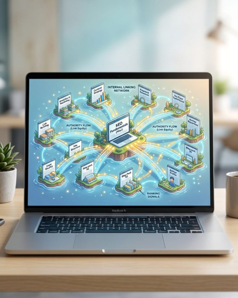 Connected blog pages with linking pathways representing internal linking strategy and SEO authority distribution