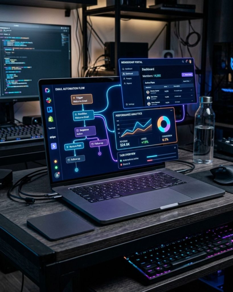 Laptop displaying automated email funnels, analytics dashboards, and SaaS tools representing backend systems for passive online income